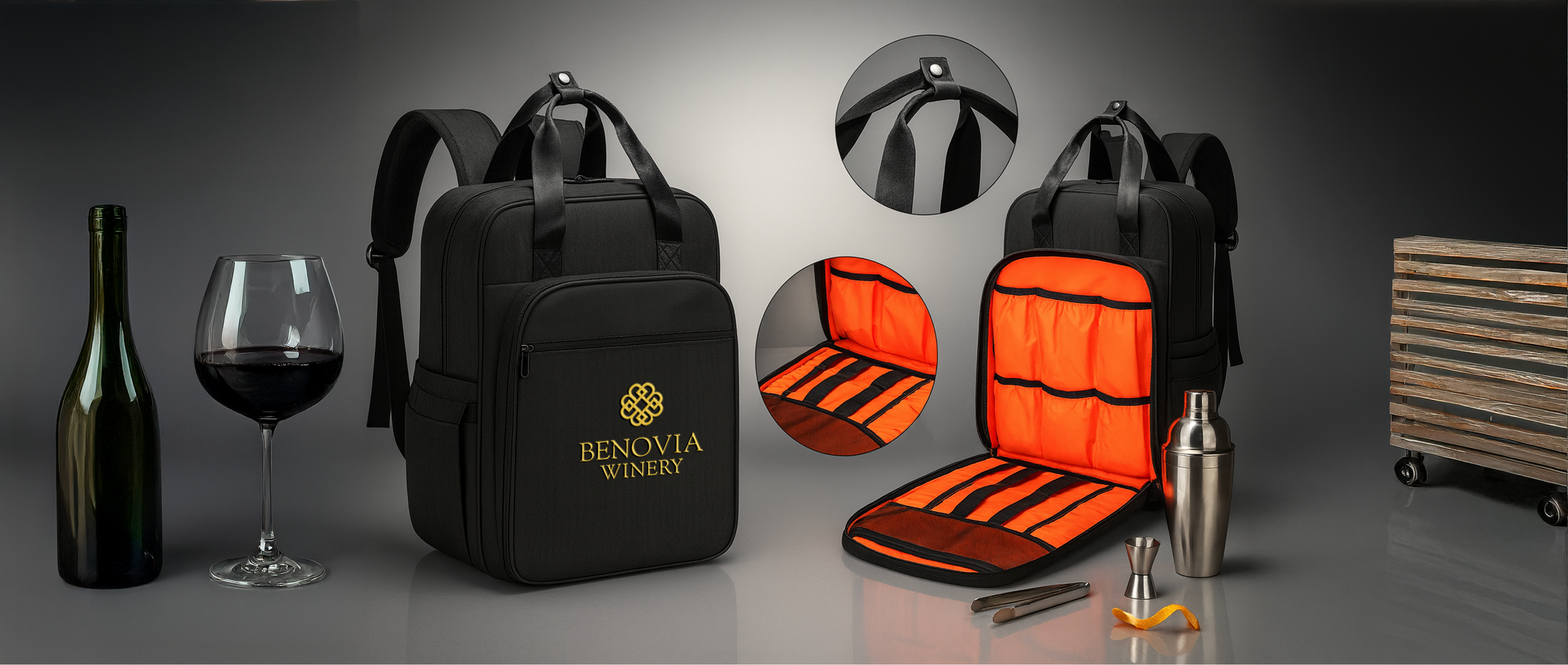 Black wine cooler backpack with orange interior, wine bottle, glass, and shaker on a dark background.