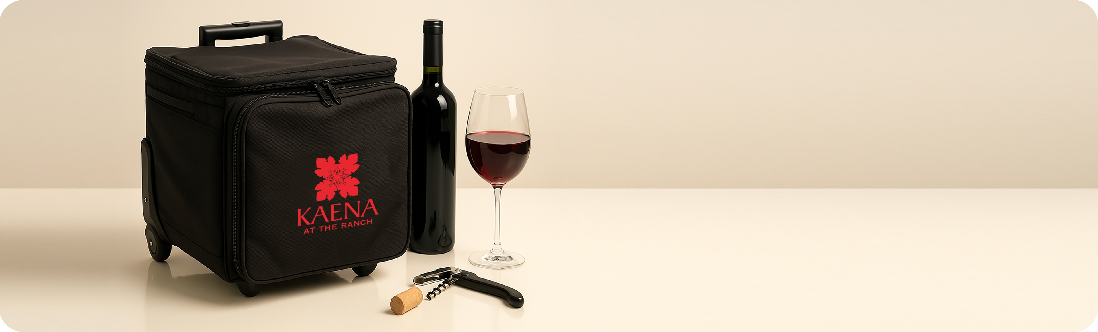Black wine cooler bag with a bottle of wine and glass on a beige background
