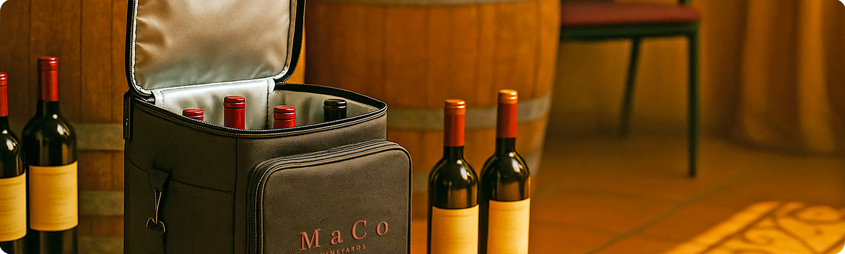 Wine bottles with a wine cooler on a wooden floor