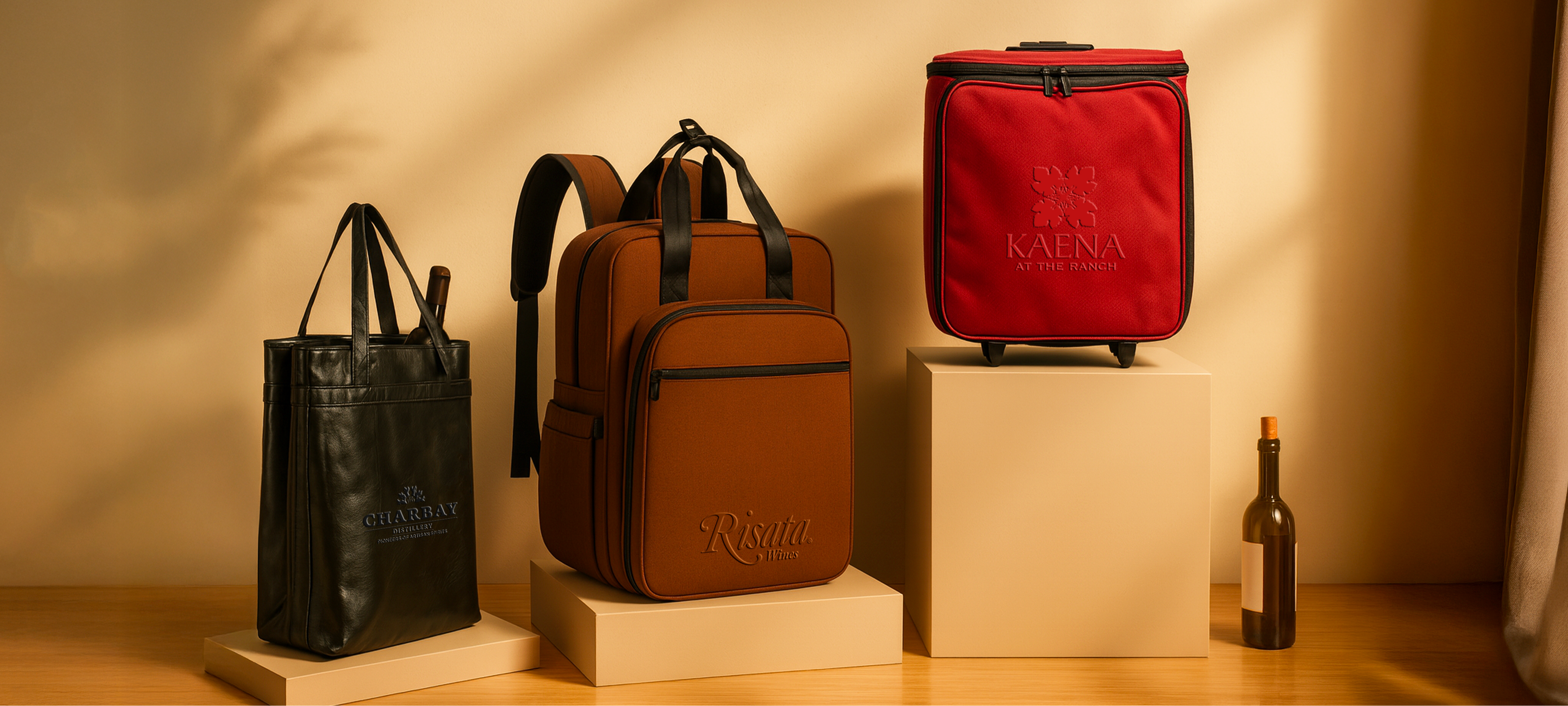 Three bags including a black tote, brown backpack, and red cooler with 'Kafnia' branding on a beige background.